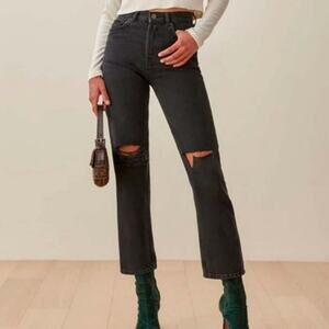 Reformation Cynthia high rise straight leg jeans  black lagoon destroyed retro